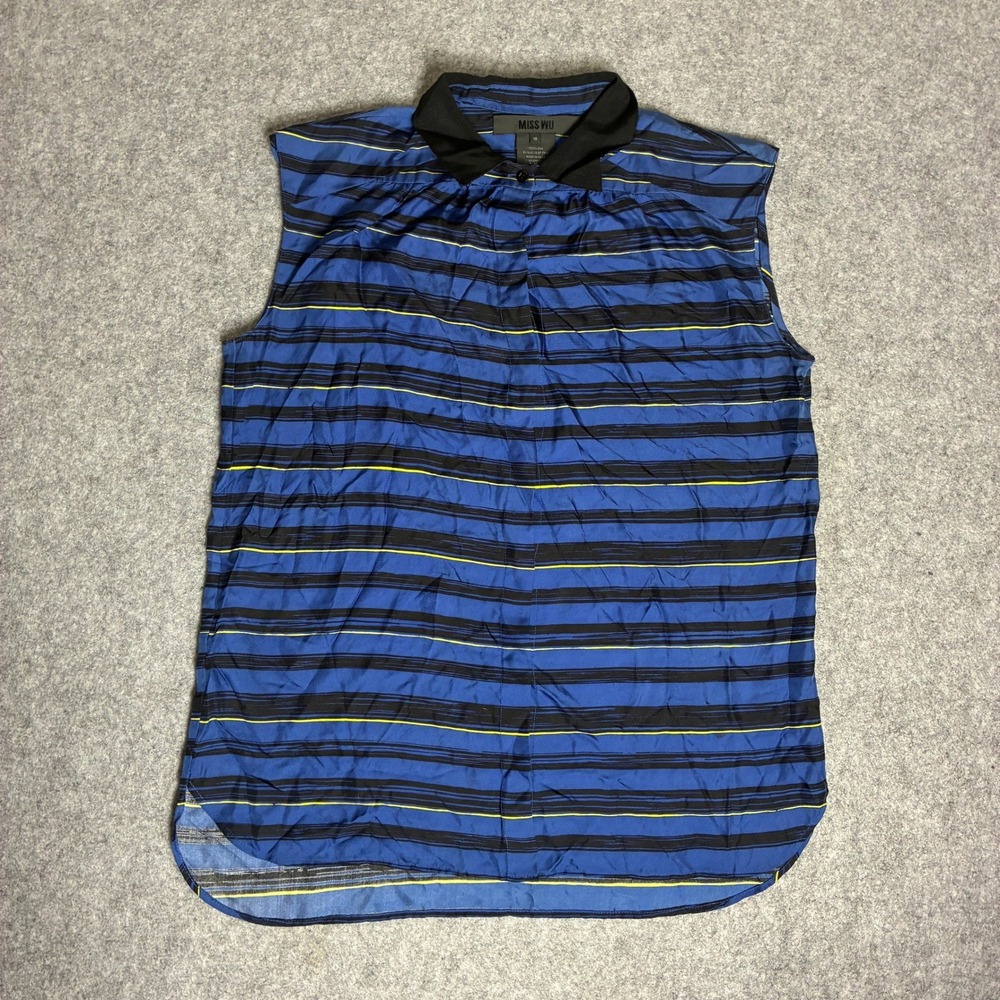 Miss Wu Jason Wu Mens Blue Black Striped 100% Silk Sleeveless Shirt Size 10 M